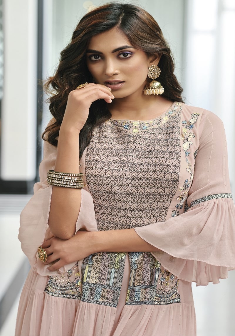 Party Wear Stylish Chinnon Embroidered Sharara Suit With Net Dupatta