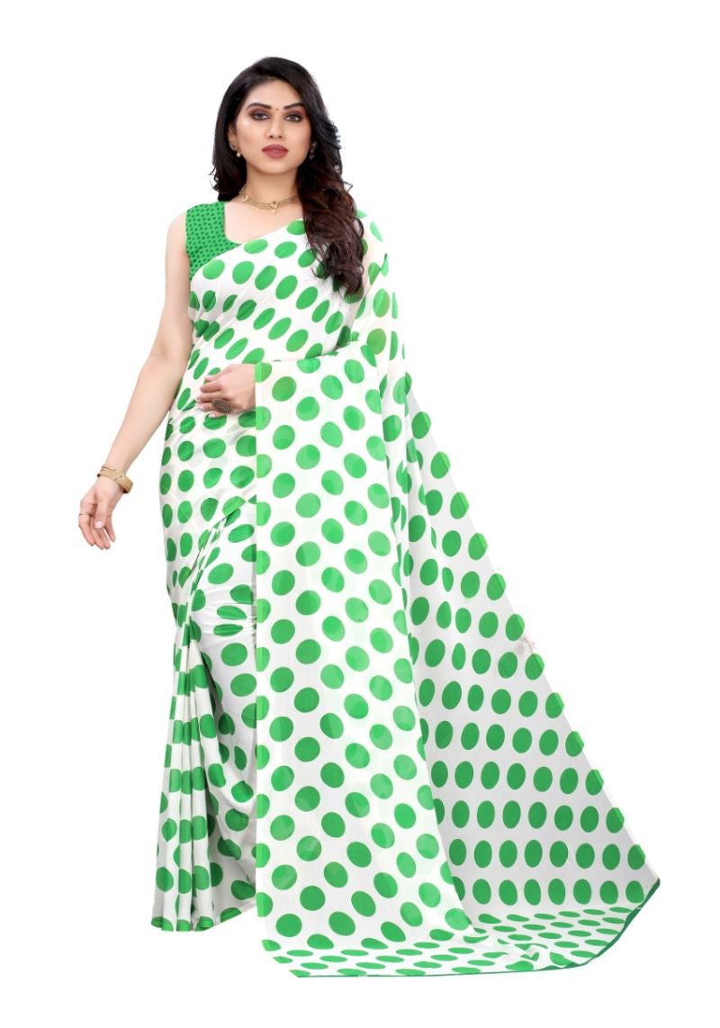 Green Polka Printed Georgette Saree