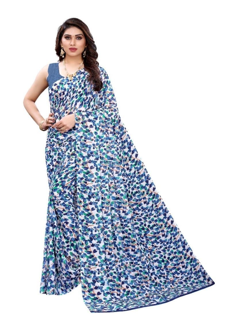 Blue Floral Printed Georgette Saree