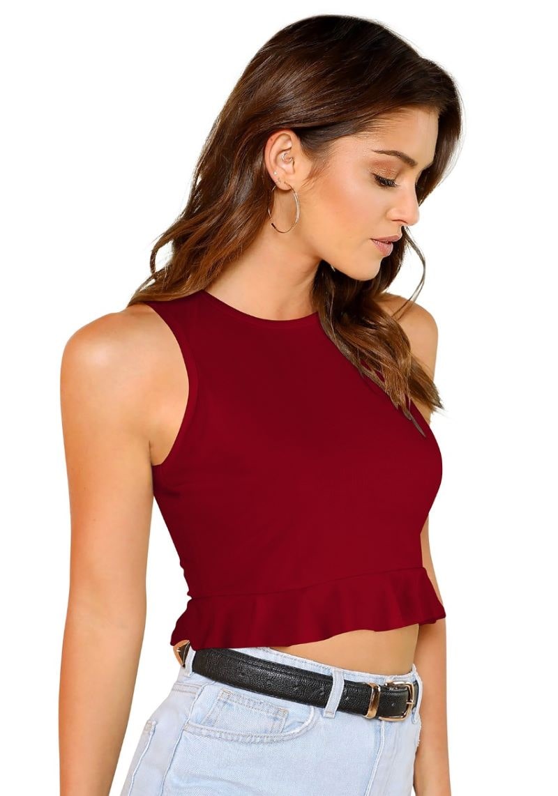 Round Neck Sleeveless Crop Top For Women