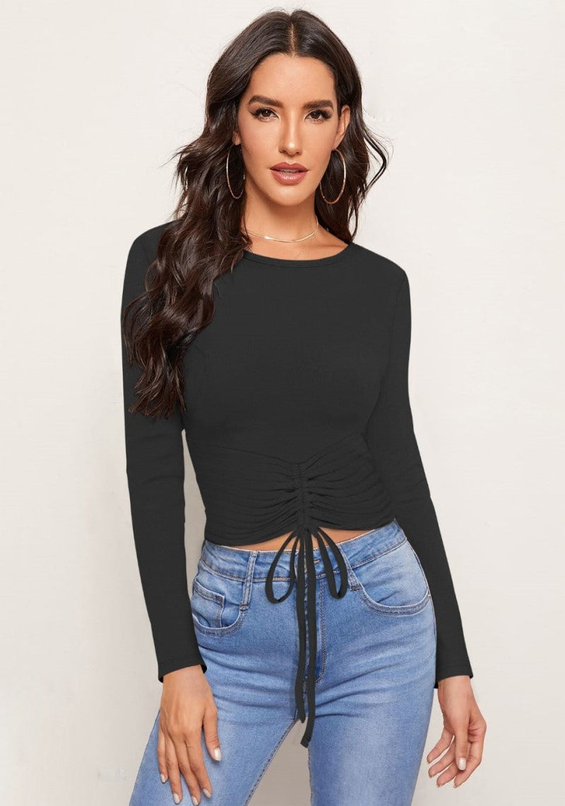 Trendy Round Neck Ruched Drawstrings Top