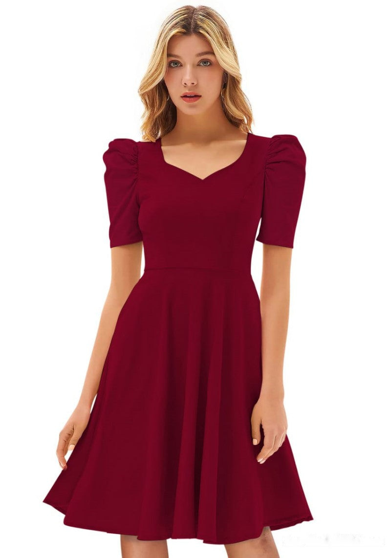 Designer Solid Puff Sleeves Skater Midi Dress