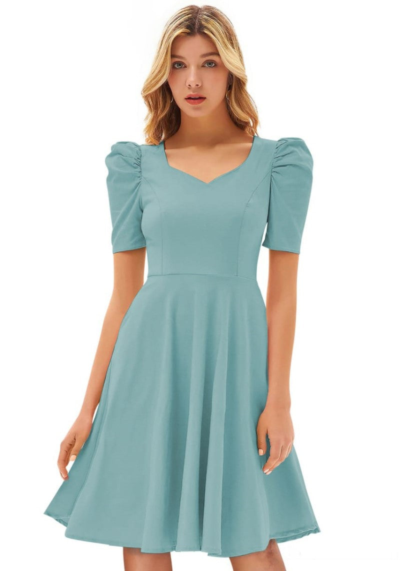 Designer Solid Puff Sleeves Skater Midi Dress