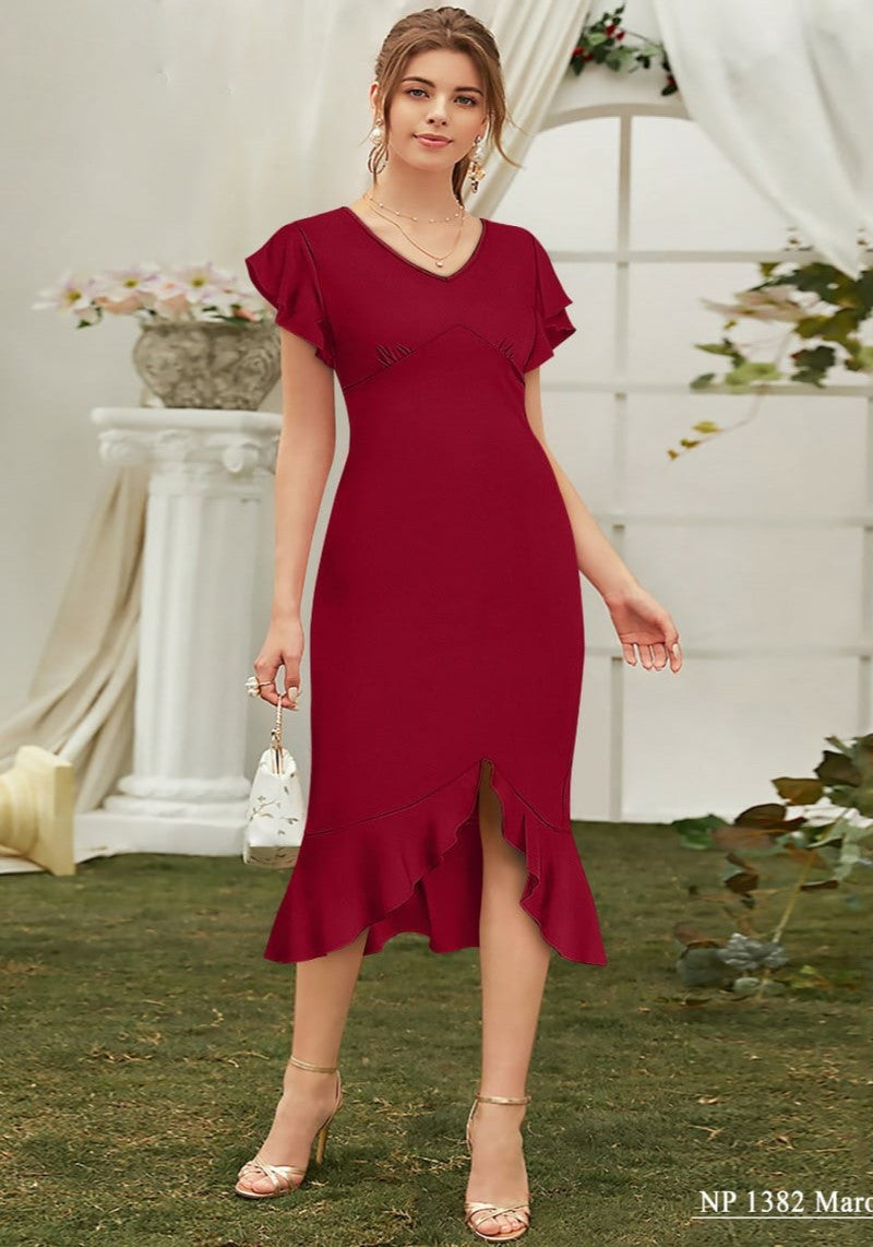 Maroon V Neck Designer One Piece Western Dress