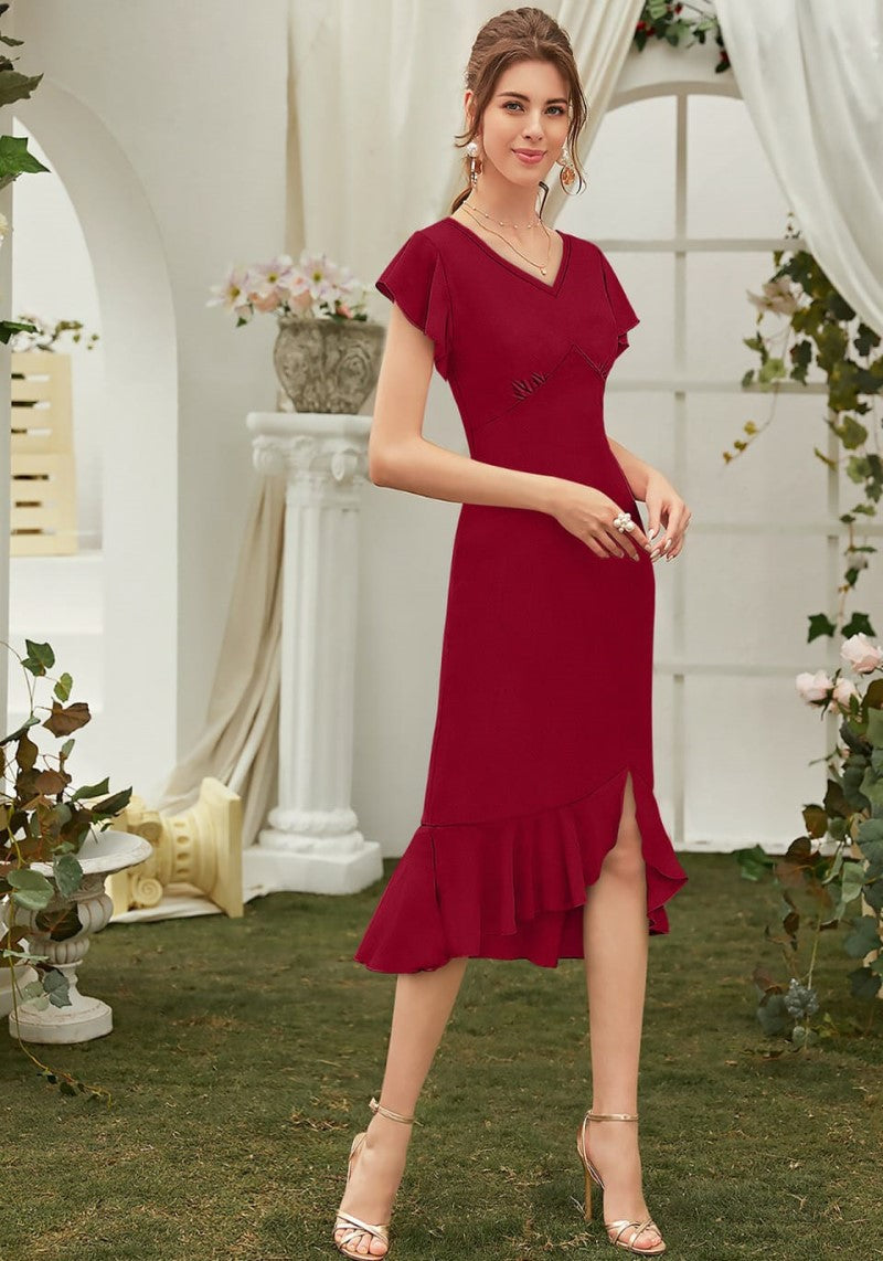 Maroon V Neck Designer One Piece Western Dress