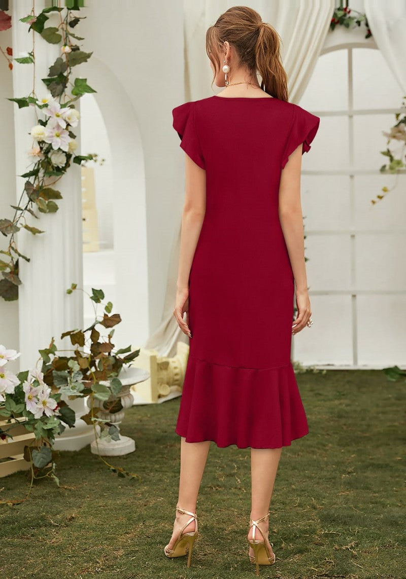 Maroon V Neck Designer One Piece Western Dress