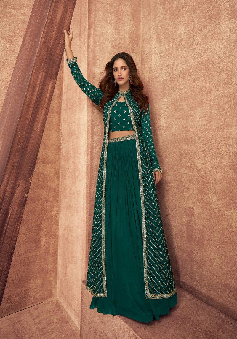 designer ethnic wear for weddings,
mirror work jacket lehenga set