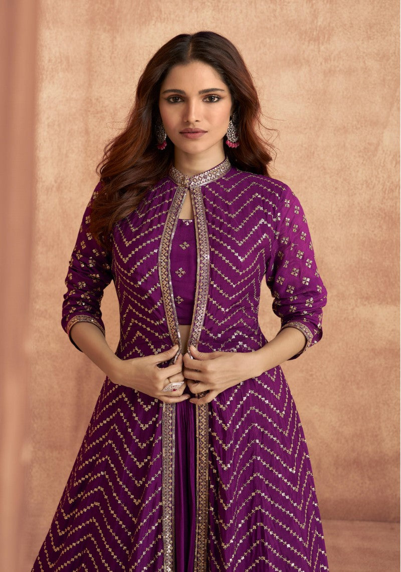 hot pink lehenga for festive wear,
full sleeve embroidered ethnic jacket
