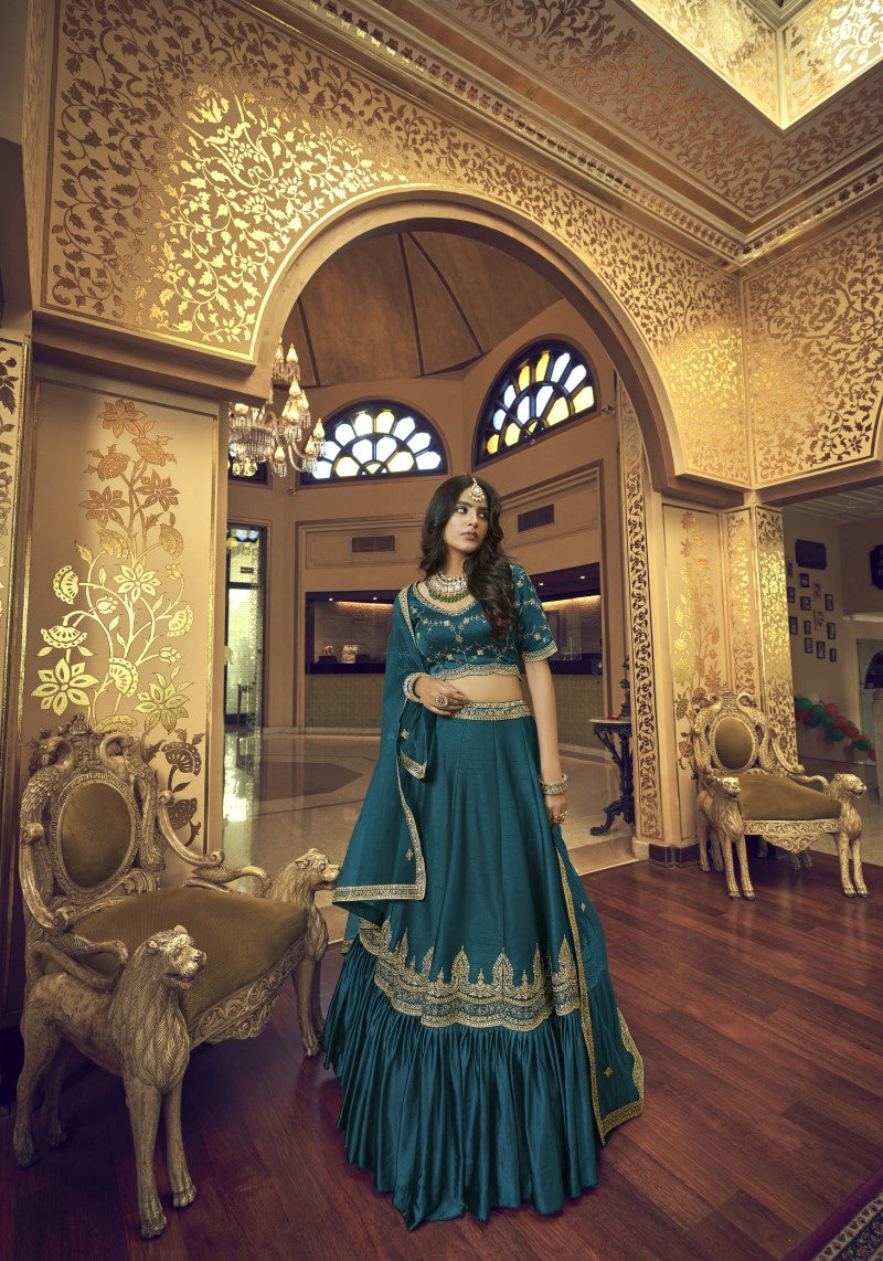 Rama Blue Lino Silk Satin Embroidered Lehenga Choli