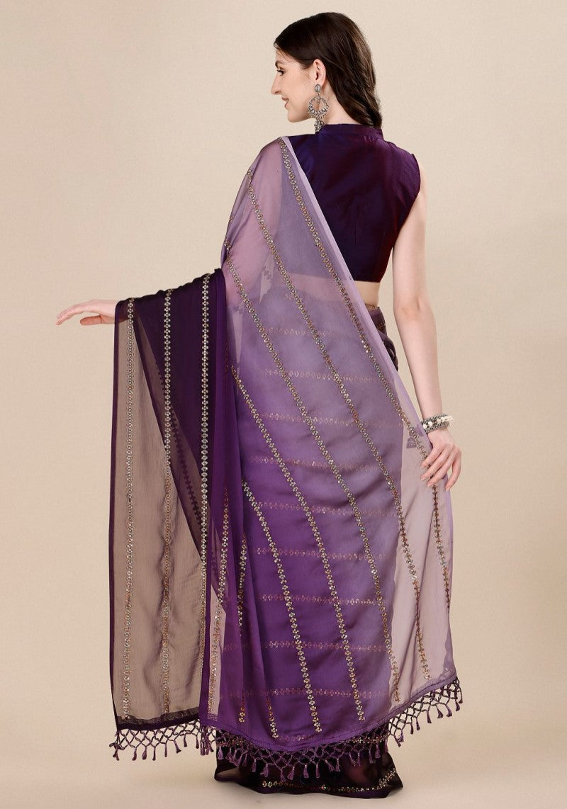 Fancy Purple Sequined Embroidered Silk Saree with Blouse