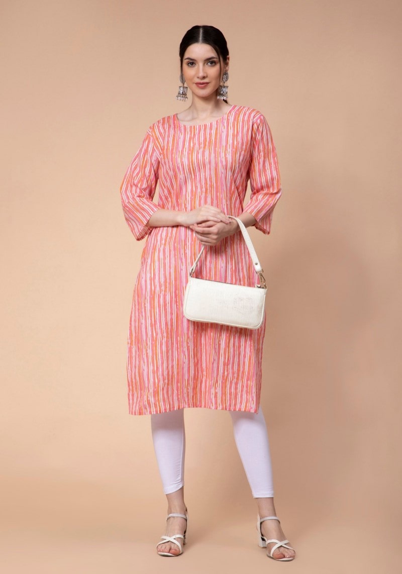 Peach Cotton Striped Straight Kurti