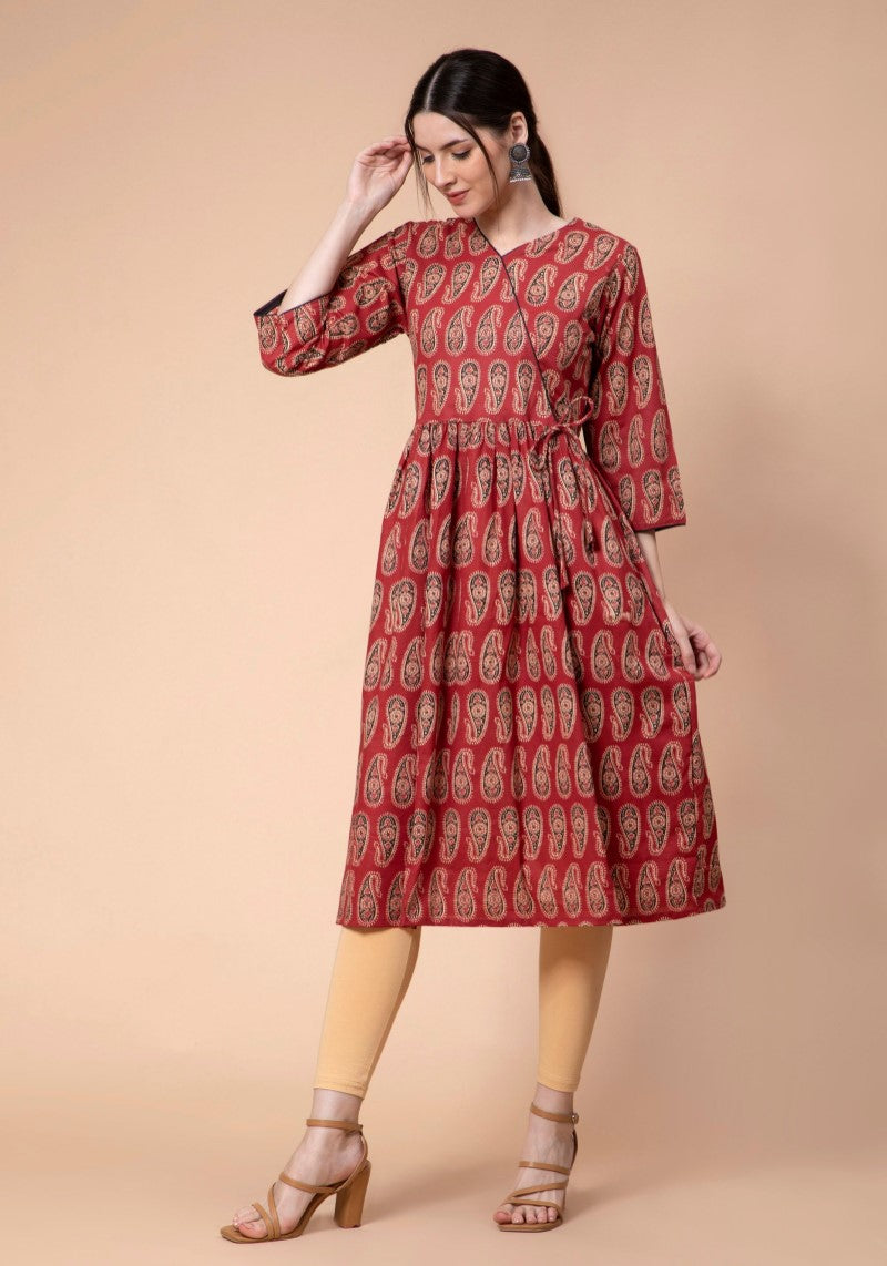 Maroon Ajrakh Printed Anarkali Cotton Dress