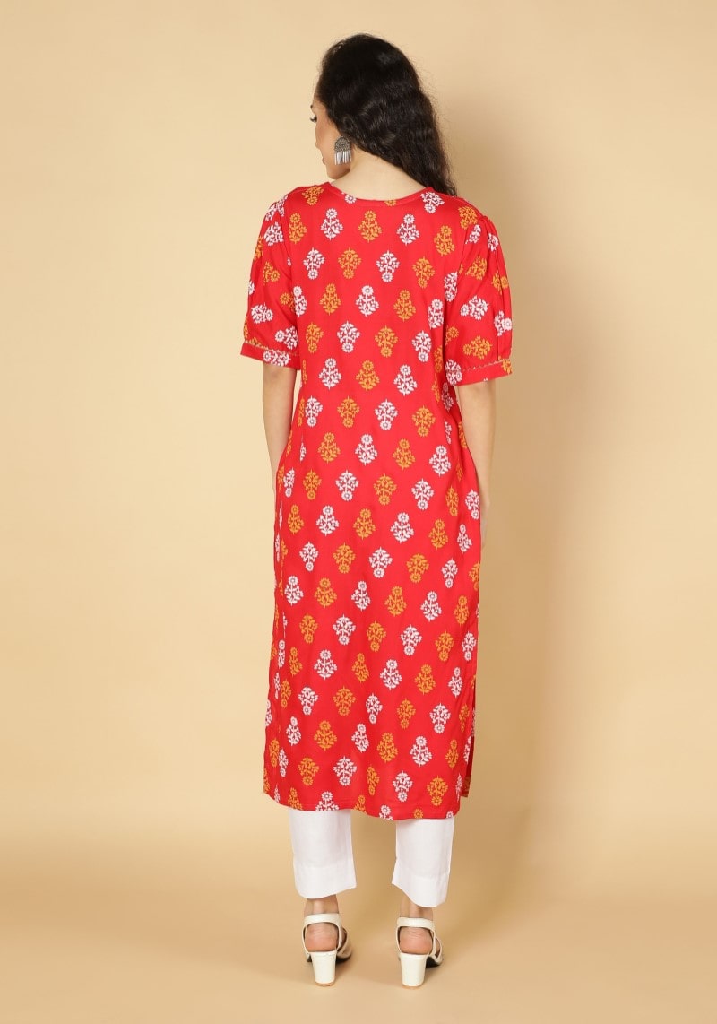 Classy Red Floral Printed Rayon Straight  Kurti
