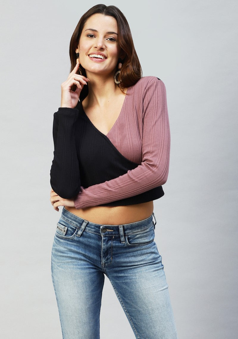 Women's Stylish Solid Full Sleeve Ribbed Crop Top