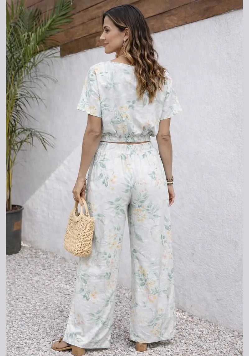Mint Blossom Floral Crop Top & Wide Leg Co-ord Set