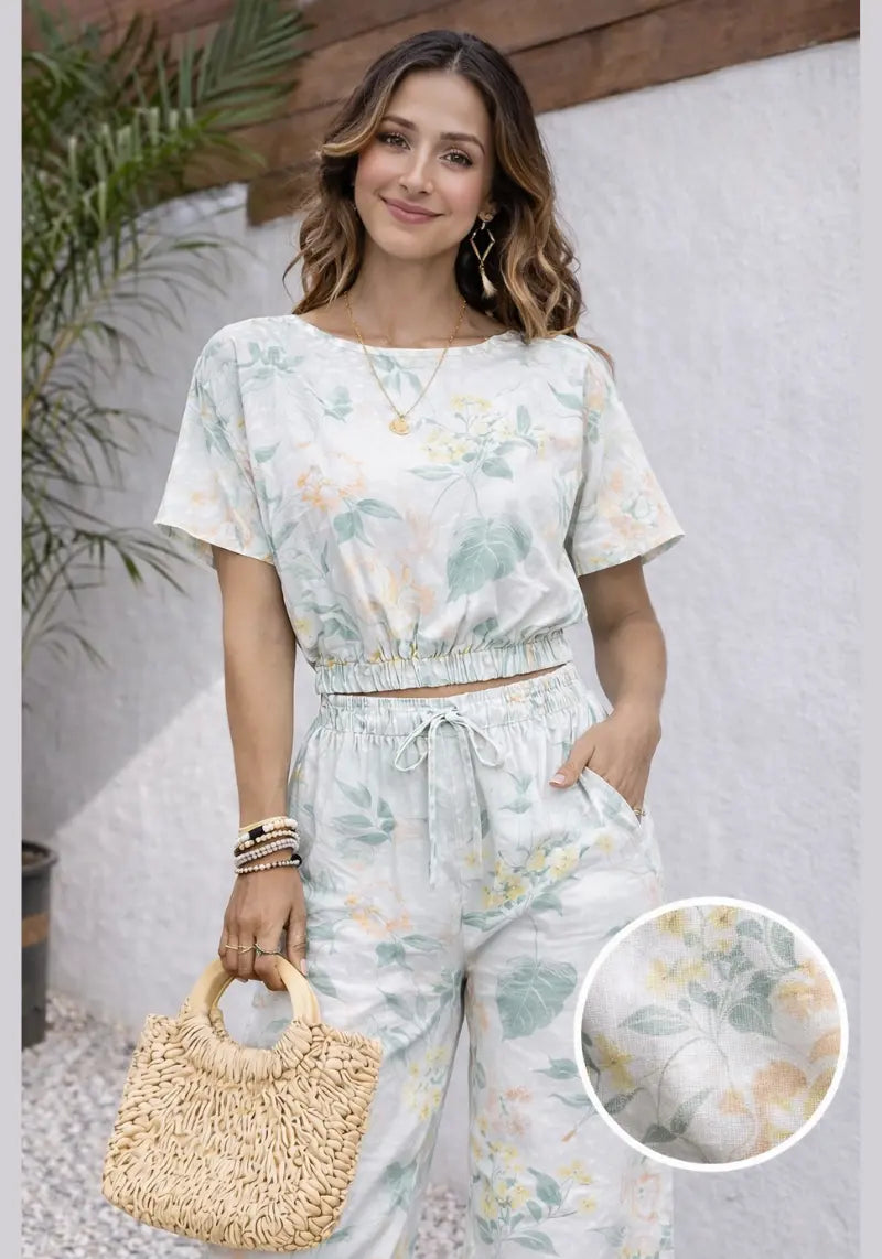 Mint Blossom Floral Crop Top & Wide Leg Co-ord Set