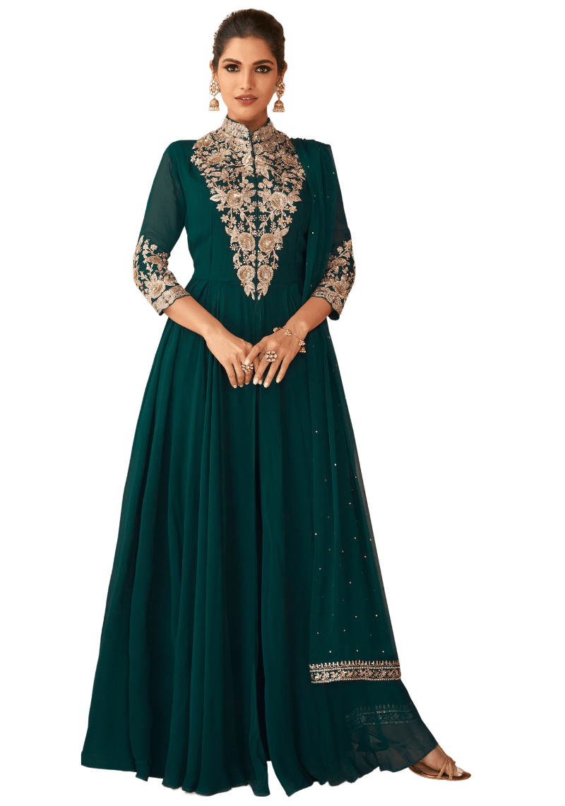 Teal Green Designer Embroidered Floor Length Anarkali Dress