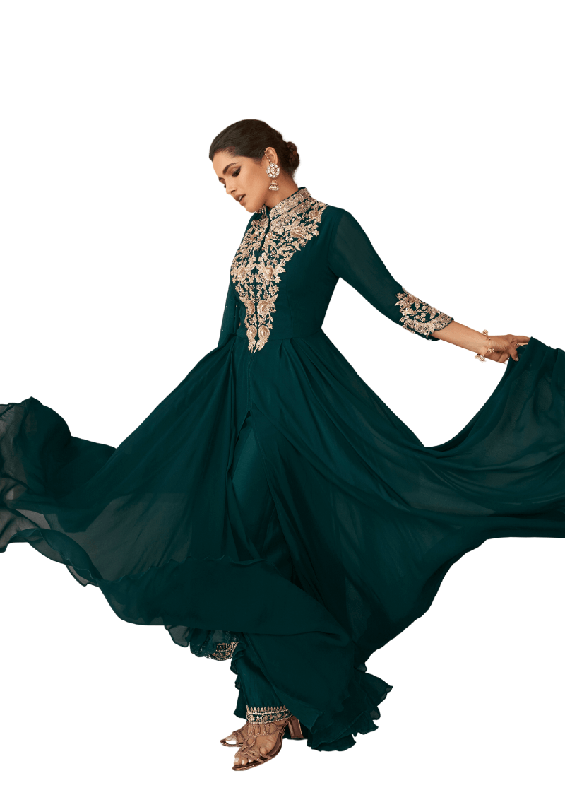Teal Green Designer Embroidered Floor Length Anarkali Dress