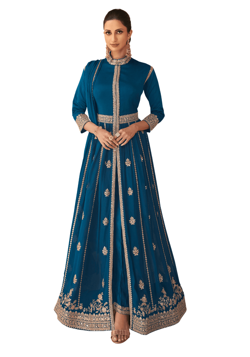 Royal Blue Designer Embroidered Floor Length Anarkali Dress