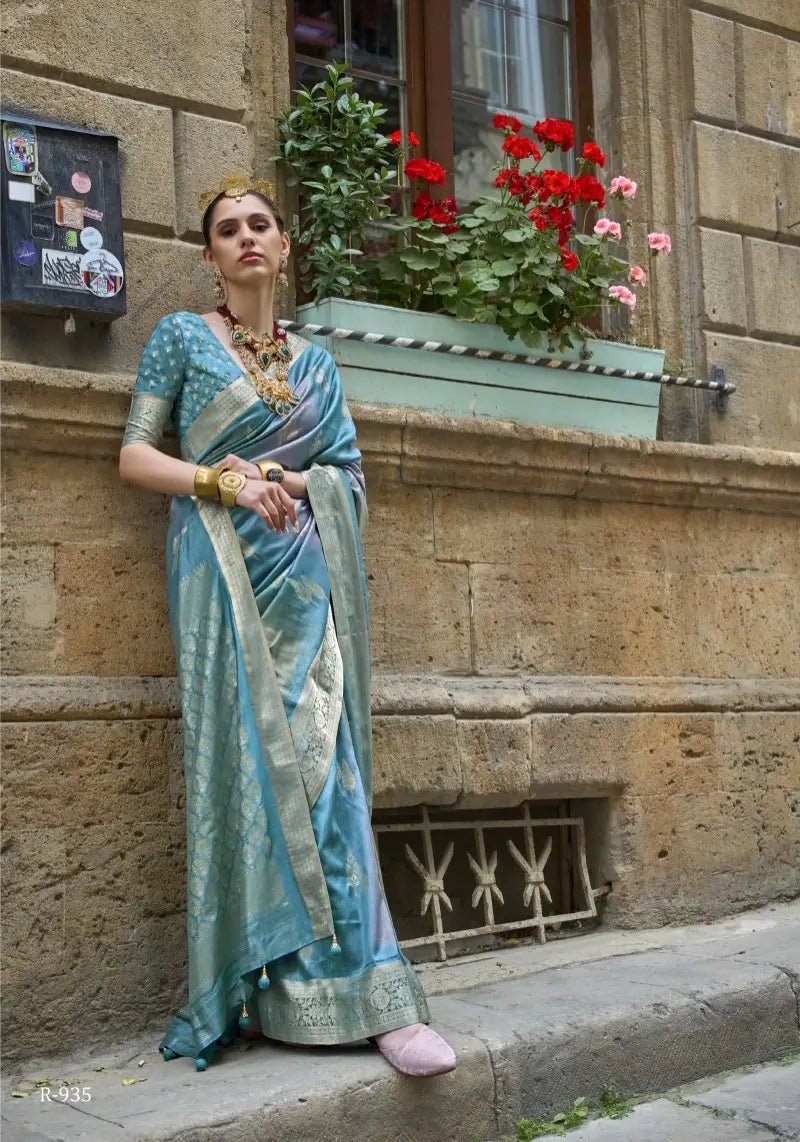 Turquoise Woven Art Silk Saree With Matching Blouse