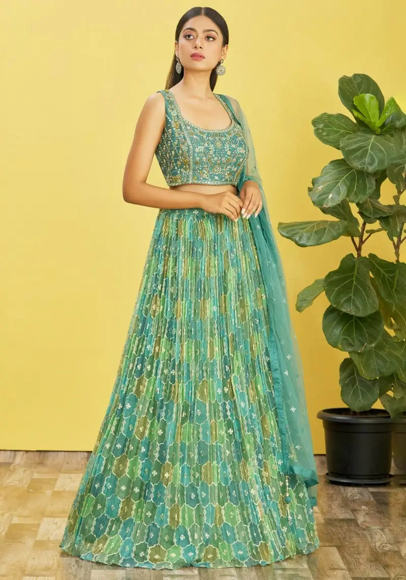 Teal Green Organza Lehenga with Mirror Zari Embroidery and Net Dupatta