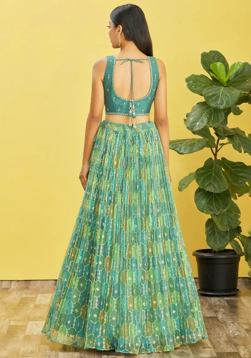 Teal Green Organza Lehenga with Mirror Zari Embroidery and Net Dupatta