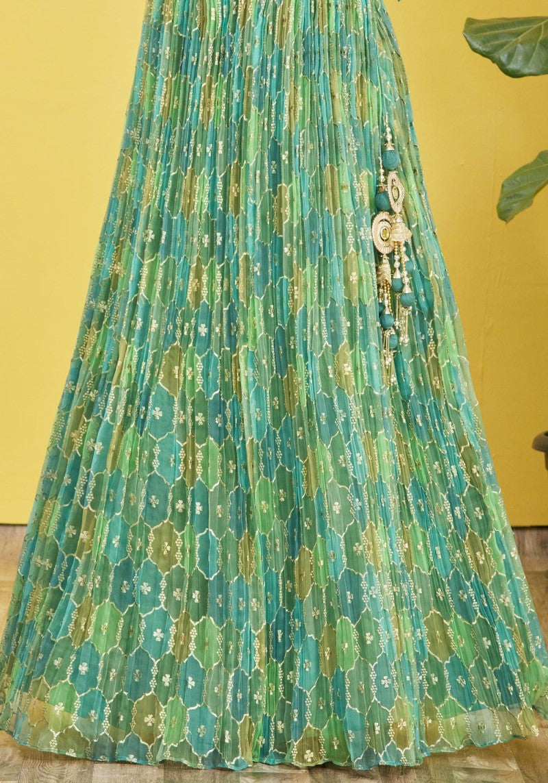 Teal Green Organza Lehenga with Mirror Zari Embroidery and Net Dupatta