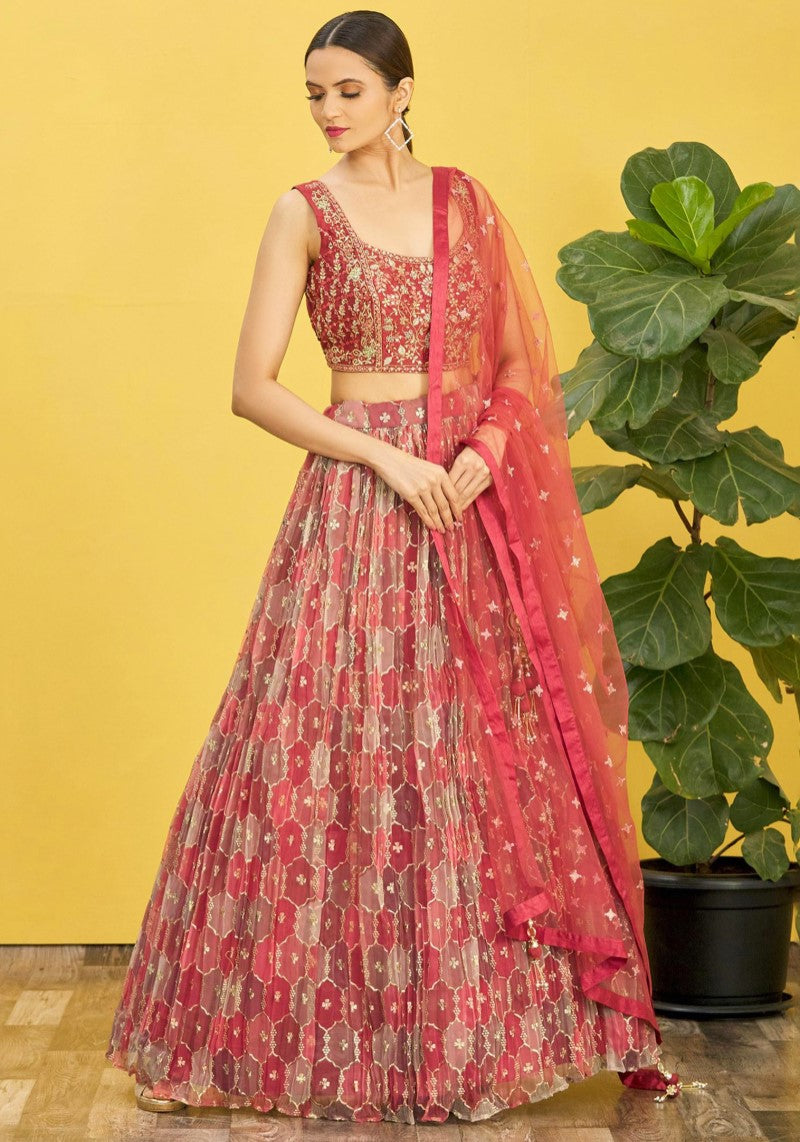 Rich Brown Mirror Zari Organza Lehenga with Slub Silk Blouse