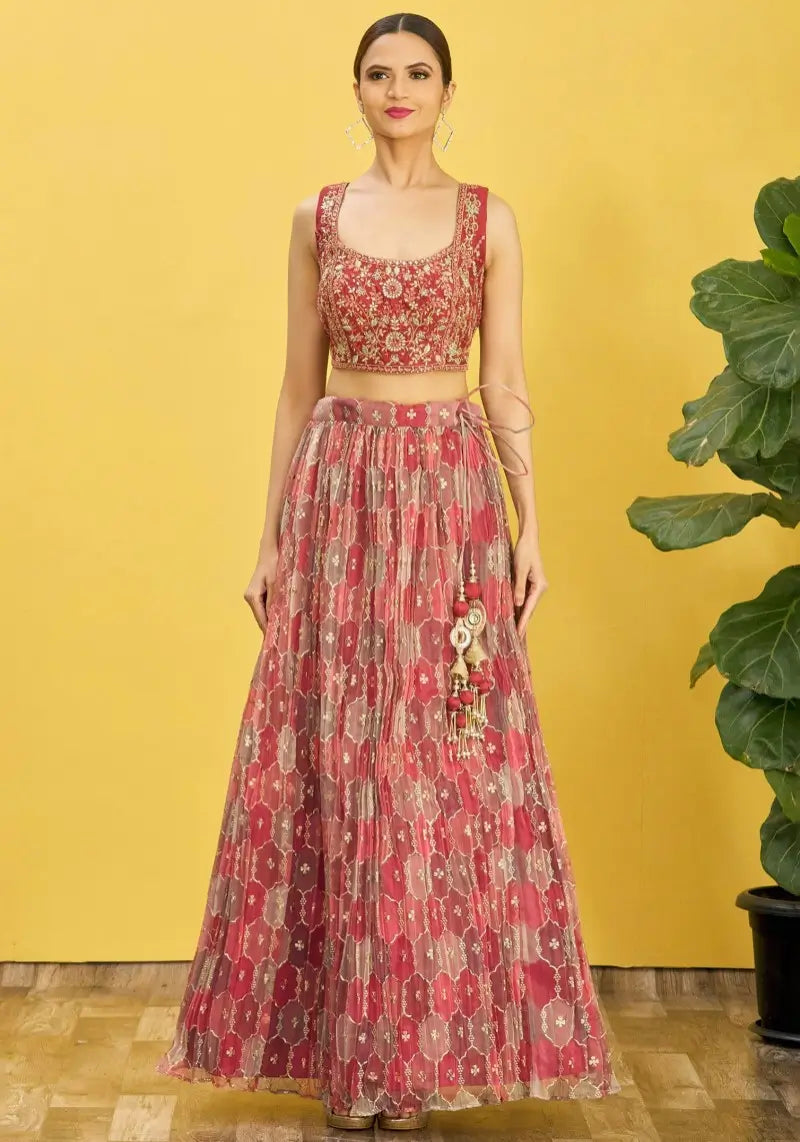 Rich Brown Mirror Zari Organza Lehenga with Slub Silk Blouse