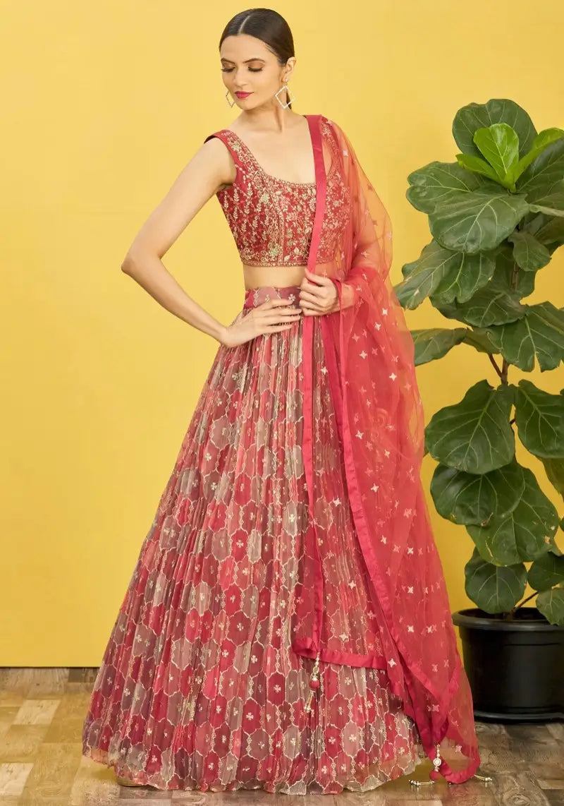 Rich Brown Mirror Zari Organza Lehenga with Slub Silk Blouse