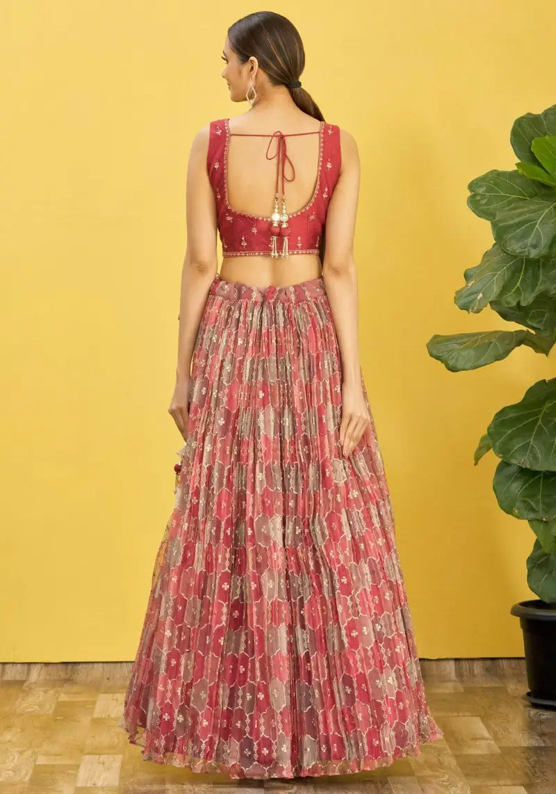 Rich Brown Mirror Zari Organza Lehenga with Slub Silk Blouse