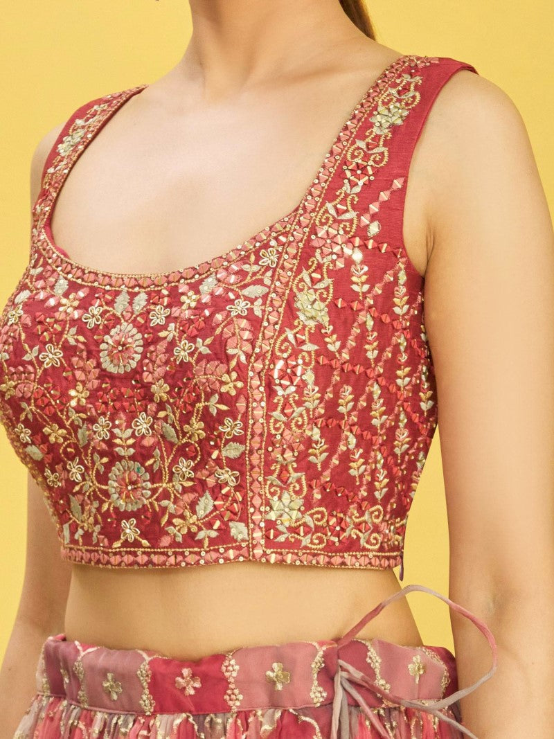 Rich Brown Mirror Zari Organza Lehenga with Slub Silk Blouse