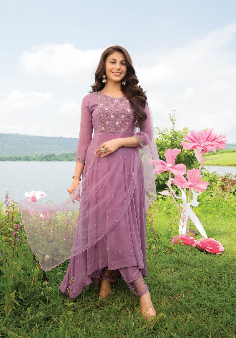 Designer Party Wear High-Low Anarkali Dress With Exclusive Pant and Dupatta