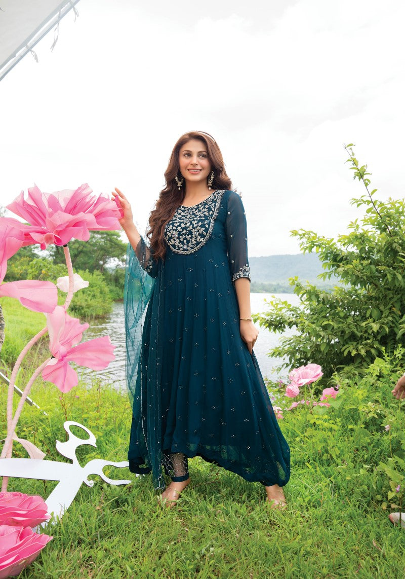 Designer Party Wear High-Low Anarkali Dress With Exclusive Pant and Dupatta