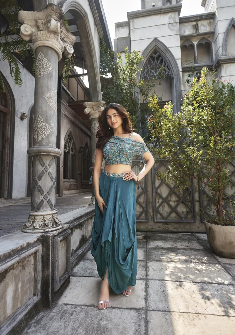 Classic Rama Blue Drape Style Indo-Western Top And Bottom Co-ord