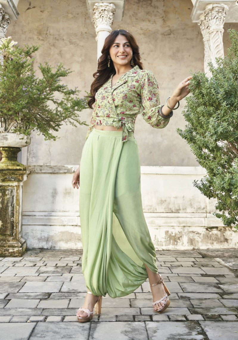 Classic Tea Green Drape Style Indo-Western Top And Bottom Co-ord
