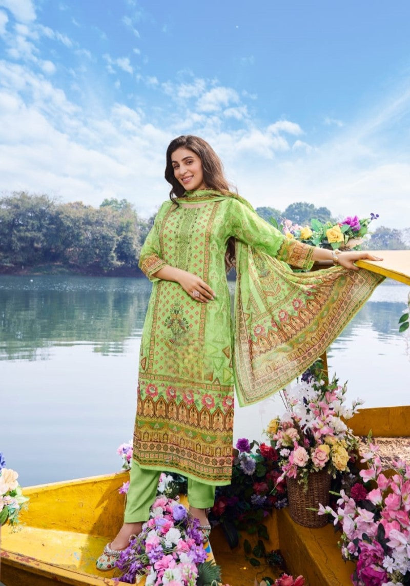 Verdant Katha Linen Cotton Kurta Pant & Dupatta Set