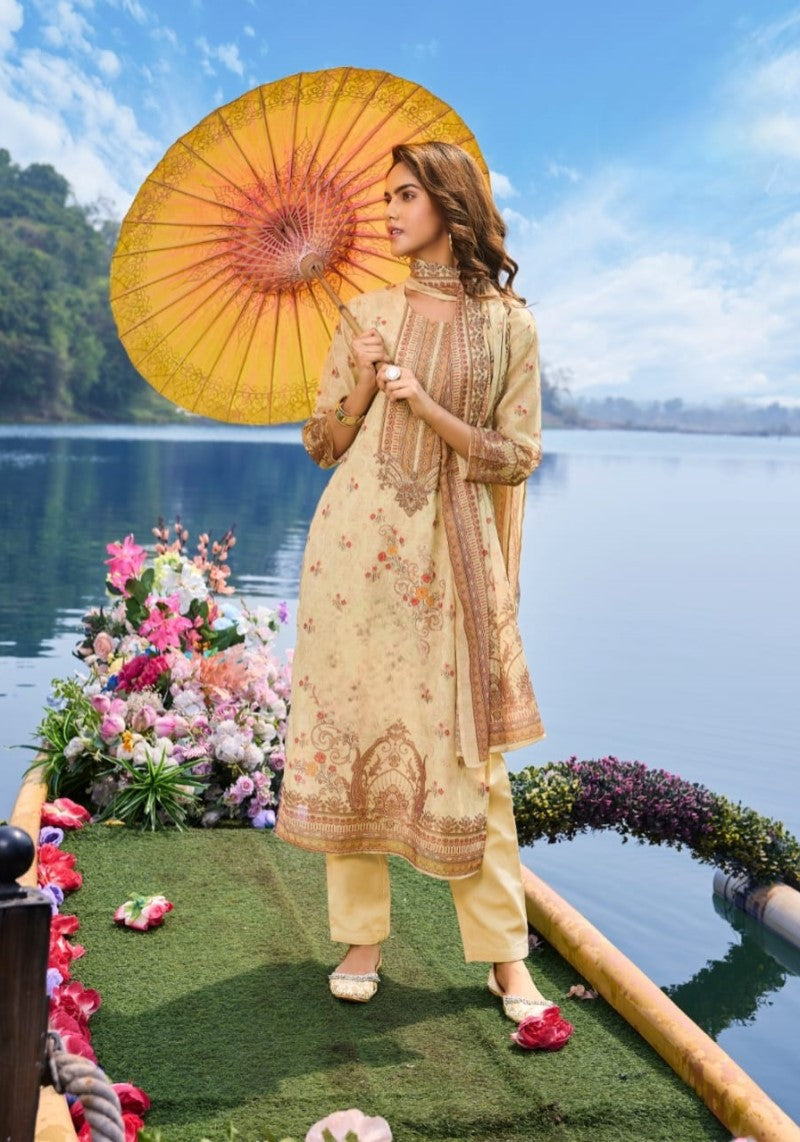 Lemon Katha Linen Cotton Kurta Pant & Printed Dupatta Set