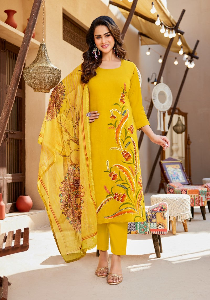 Sunlit Bloom Yellow Modal Silk Kurta Pant & Organza Dupatta Set