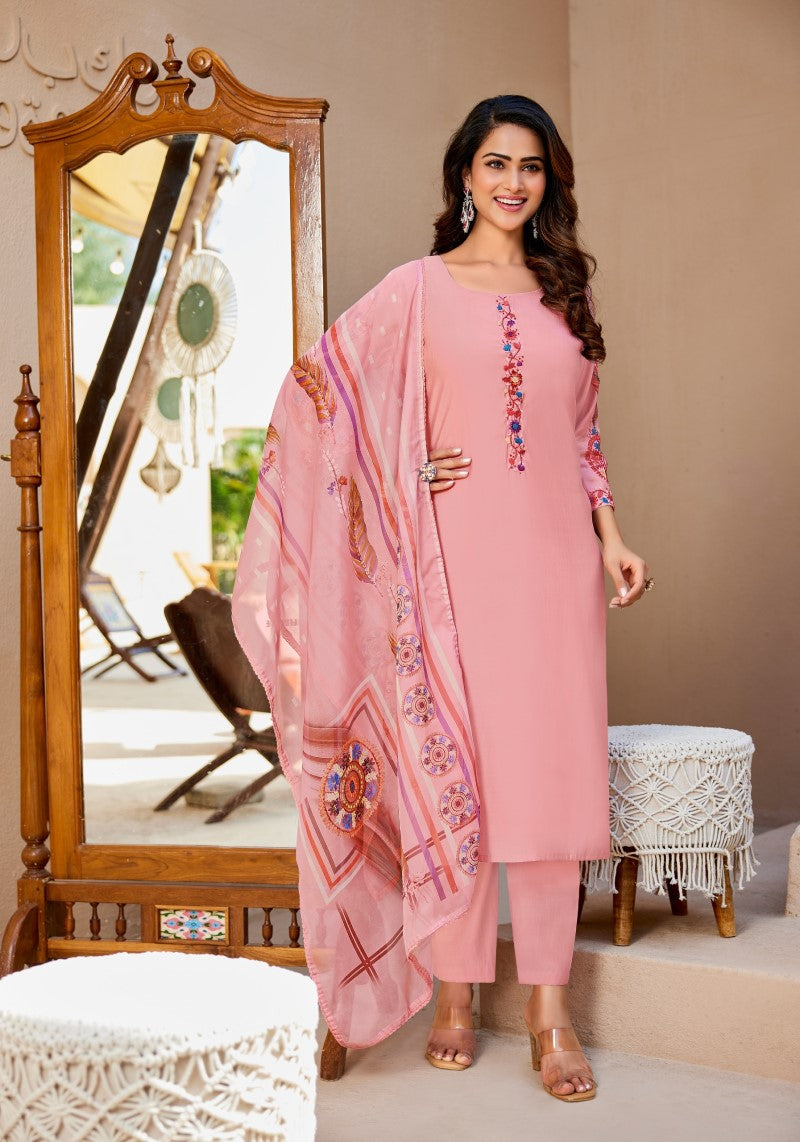 Blush Charm Pink Modal Silk Kurta Pant & Organza Dupatta Set