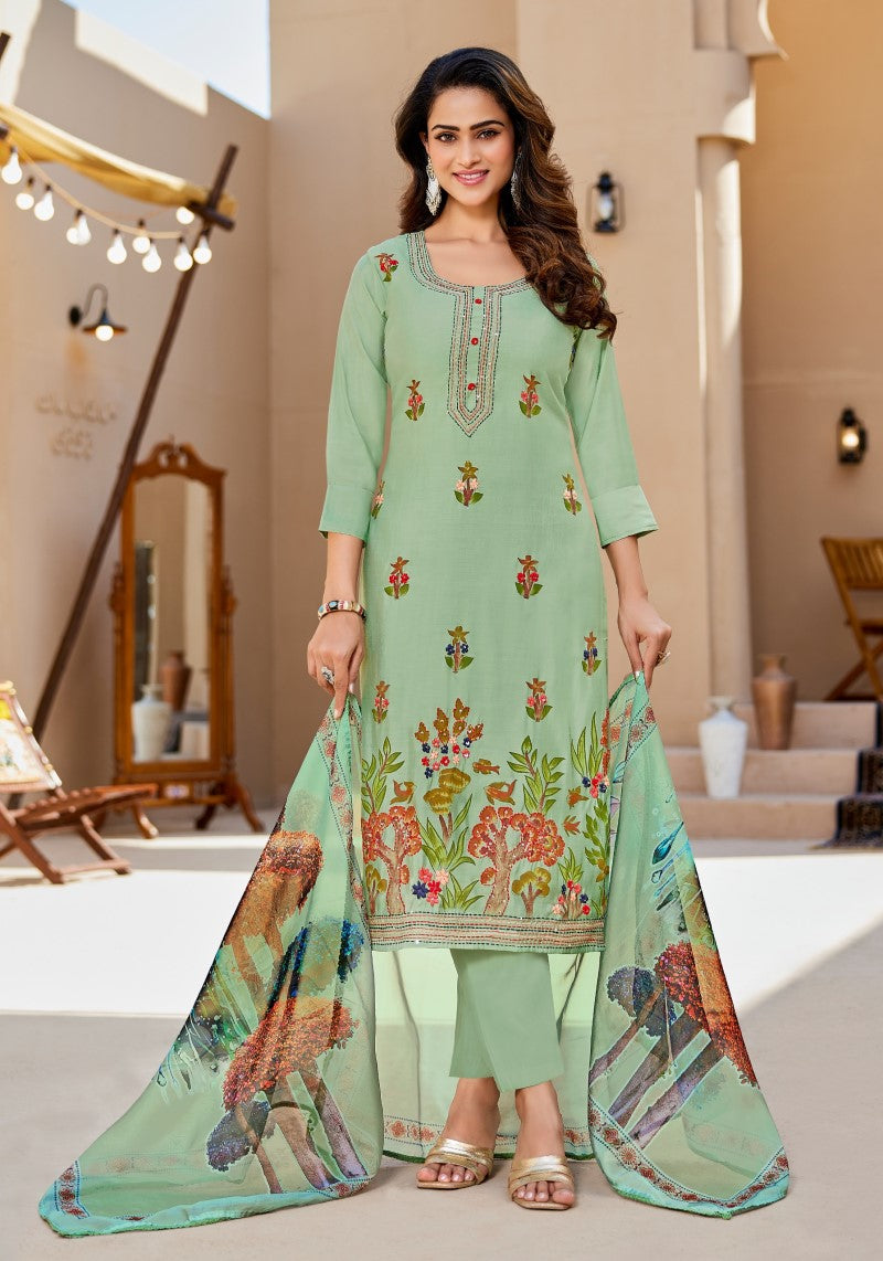 Mint Aura Modal Silk Kurta Pant & Organza Dupatta Set