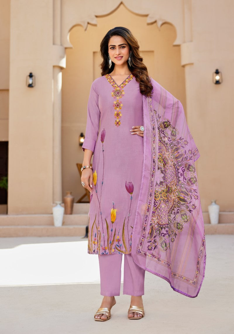 Lilac Modal Silk Kurta Pant Set with Organza Dupatta