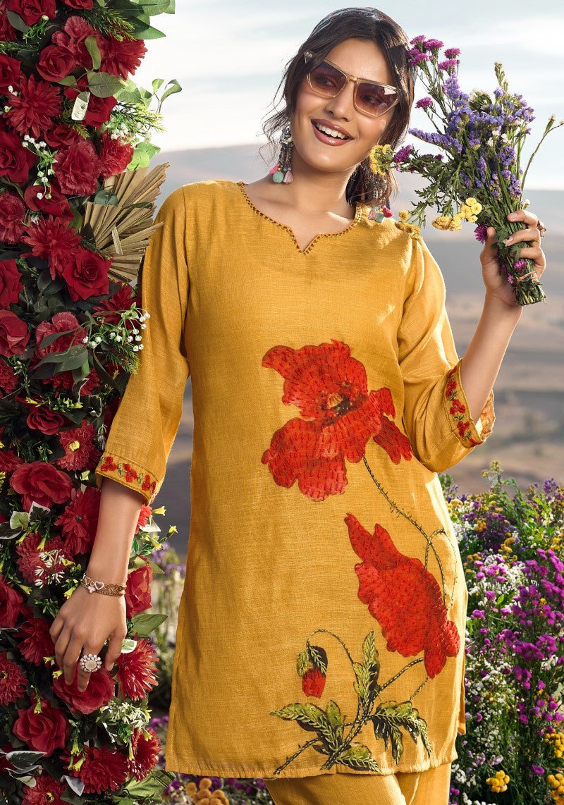 Sunset Bloom Mustard Floral Embroidered Co-ord Set