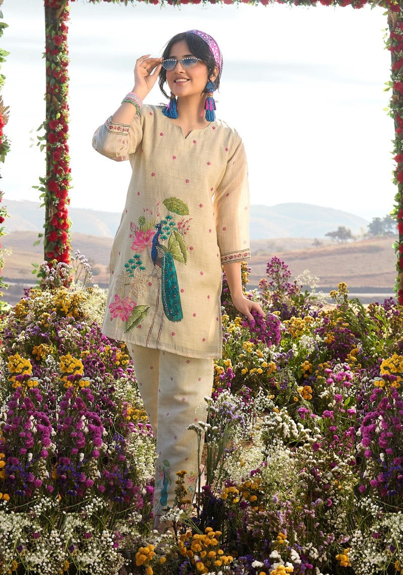 Peacock Bloom Beige Khadi Linen Embroidered Co-ord Set