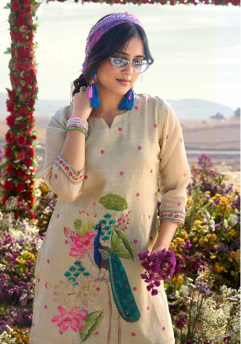 Peacock Bloom Beige Khadi Linen Embroidered Co-ord Set