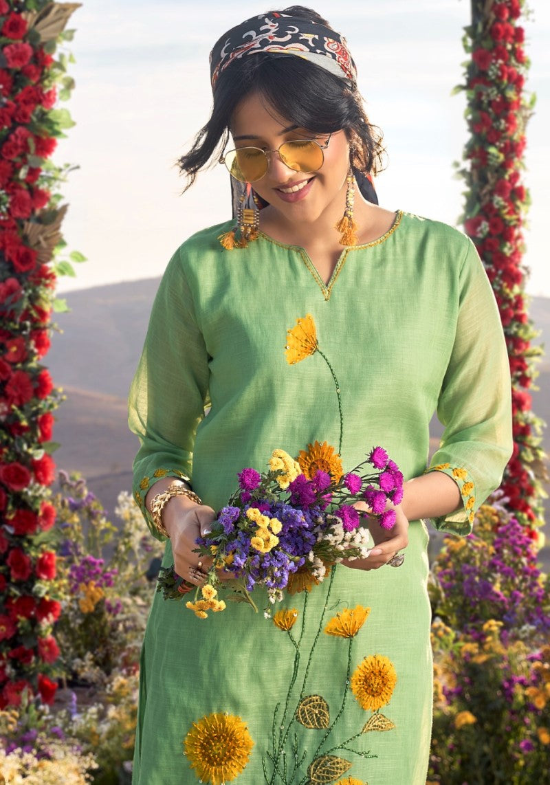 Sunshine Bloom Green Khadi Linen Embroidered Co-ord Set