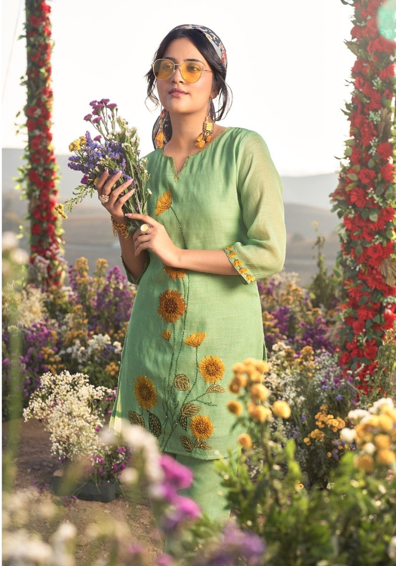 Sunshine Bloom Green Khadi Linen Embroidered Co-ord Set