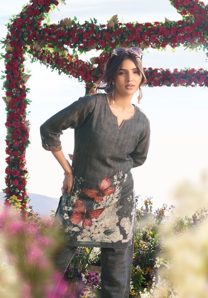 Midnight Flutter Charcoal Khadi Linen Embroidered Co-ord Set