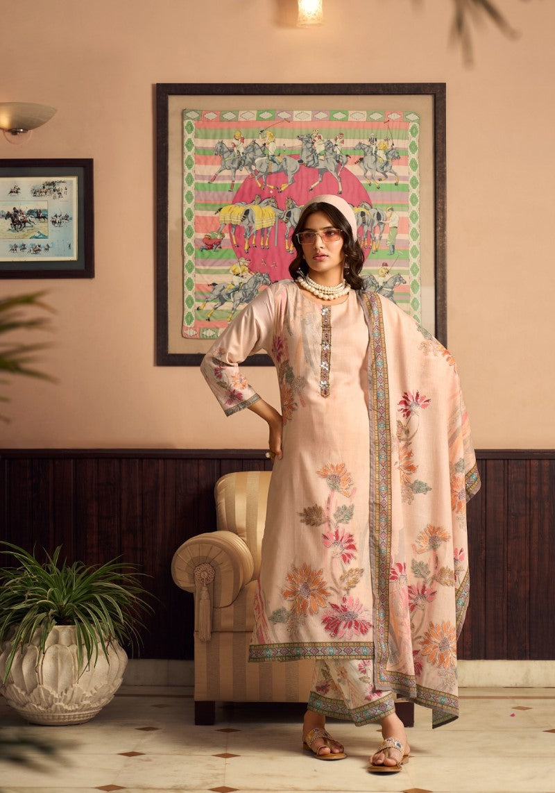 Peach Aura Floral Printed Kurta Pant & Dupatta Set
