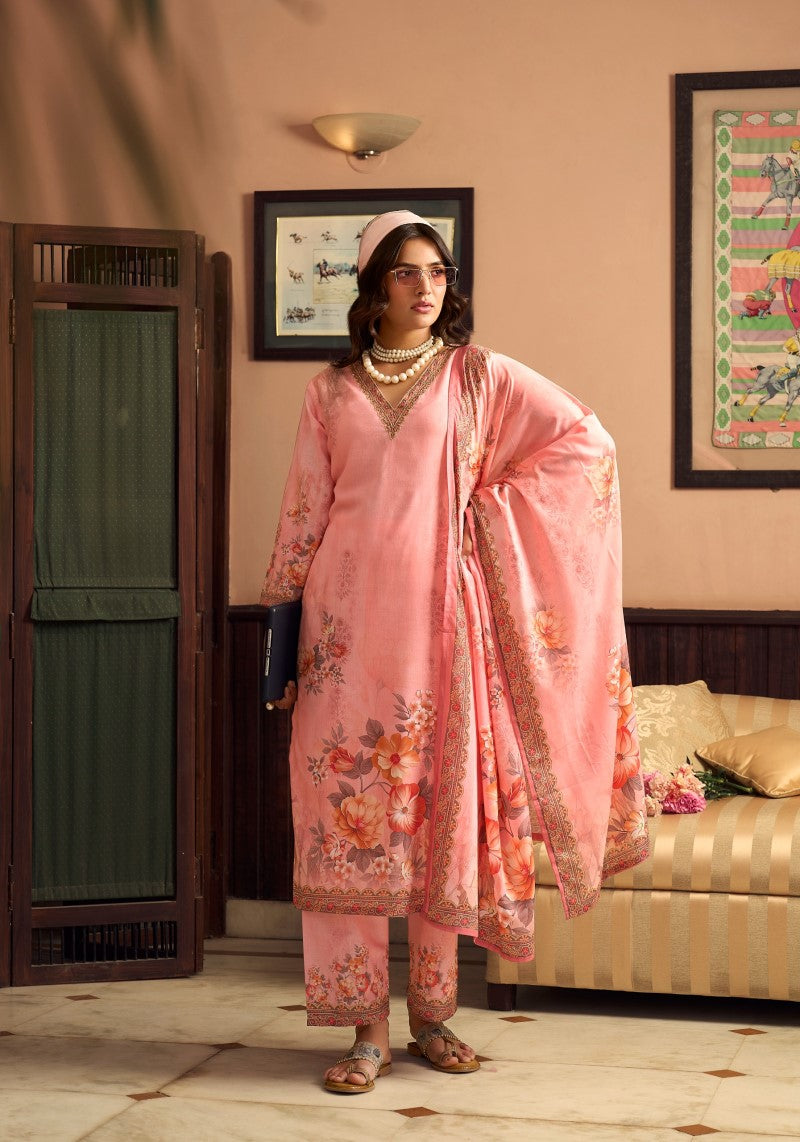 Coral Blossom Luxe Floral Kurta Pant & Dupatta Set